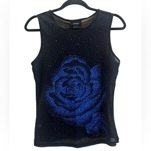 Express Black Sheer Tank with Sparkling Blue Rose Size Large
